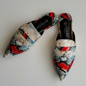Faux snakeskin mules